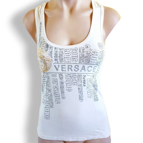 Y2k white Versace singlet top Metallic gold + silver print fits AU 6, 8, 10 - Picture 2 of 5
